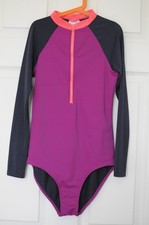 Boden One Piece Swimsuit Rash Guard Purple Navy Long Sleeve Zip Front Size 4 US