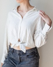 White Striped Long Sleeve Button Up Shirt M 100 Cotton Women  s