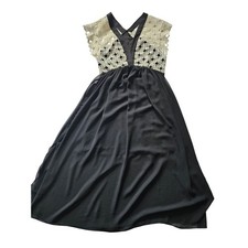 Sandro Crochet Lace Chiffon Midi Dress Womens Black Cream V-Neck Cocktail 34 US4