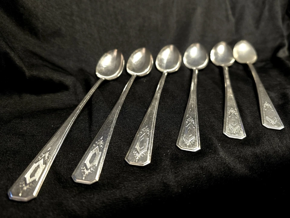Juego de 6 cucharas largas de té heladas Wm Rogers antiguas de colección - patrón Nuart 1940 plata  Foto 3 de 4