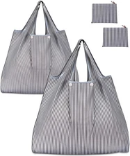 KINGMAS Reusable Grocery Bags, Eco-Friendly Folding Tote Shopping Gray Stripe 