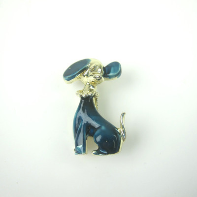 Vintage Poodle Dog Pin Brooch Silver Tone & Deep Blue Enamel Scatter Pin 1.25''