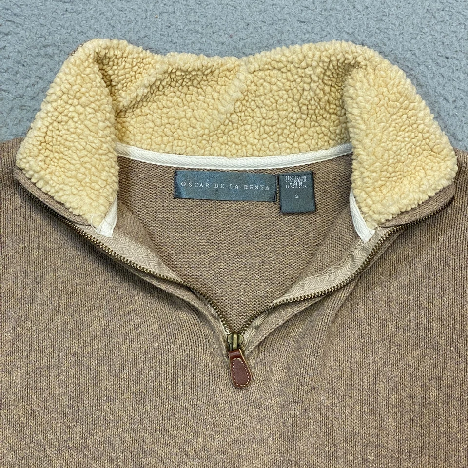 Suéter Oscar de la Renta Para Mujer Pullover Pequeño 1/4 Cremallera Algodón Tostado Cuello de Piel Foto 4 de 4
