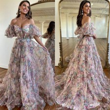 Elegant Tulle Pleat Ruched Evening Dresses A-line Off shoulder Pink Prom Gowns