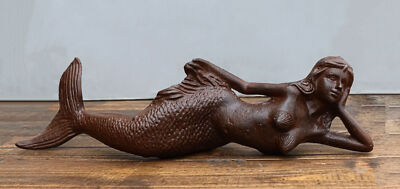 Cast Iron Rustic Nautical Siren Mermaid In Repose On Ocean Bed Sculpture 13''L