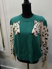 NWT MINKPINK Crewneck Pullover Snow Leopard Print Knit Jumper Sweater Green L