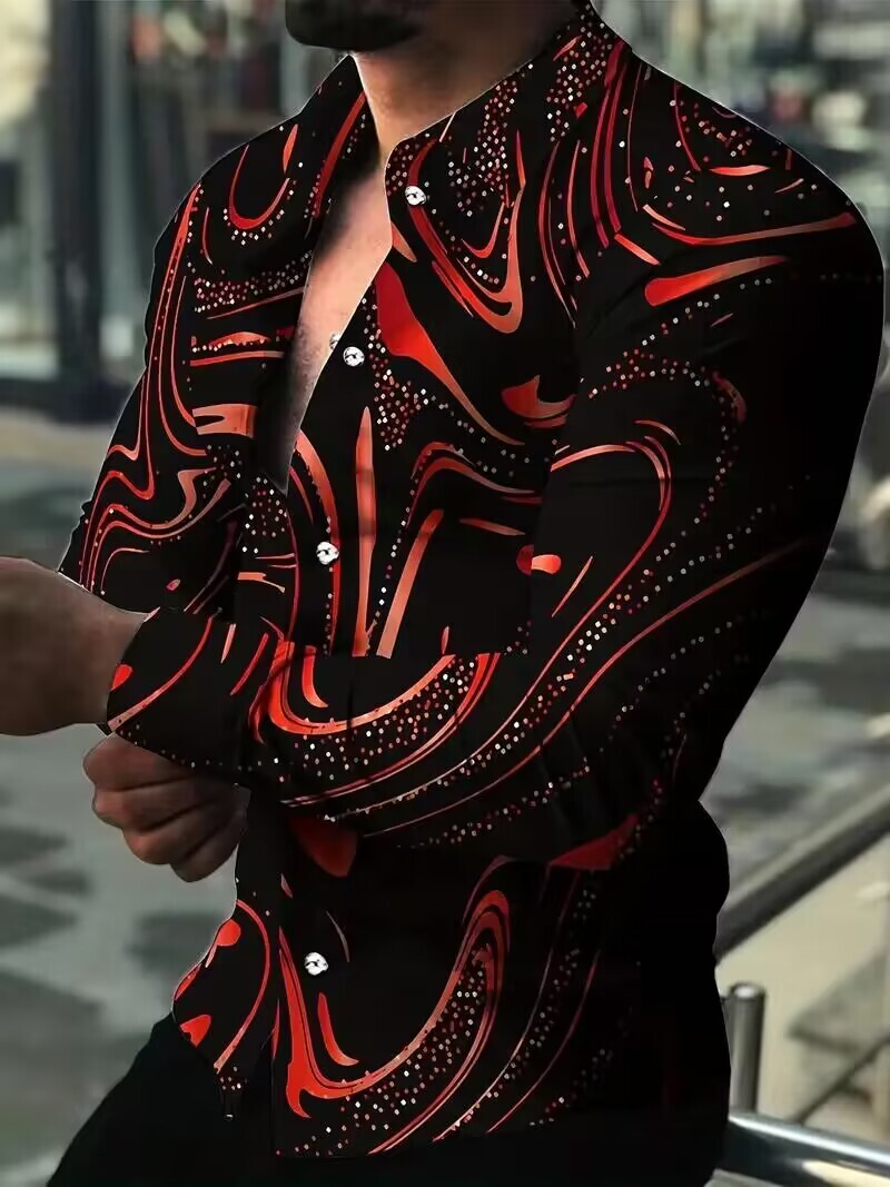 Camisas Botones Hombre Talla Grande Manga Larga Negro Rojo Informal Vestido Moda