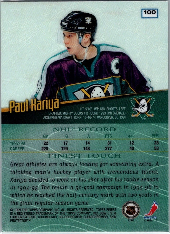 1998-99 Topps Finest - #100 Paul Kariya - Image 2 of 2