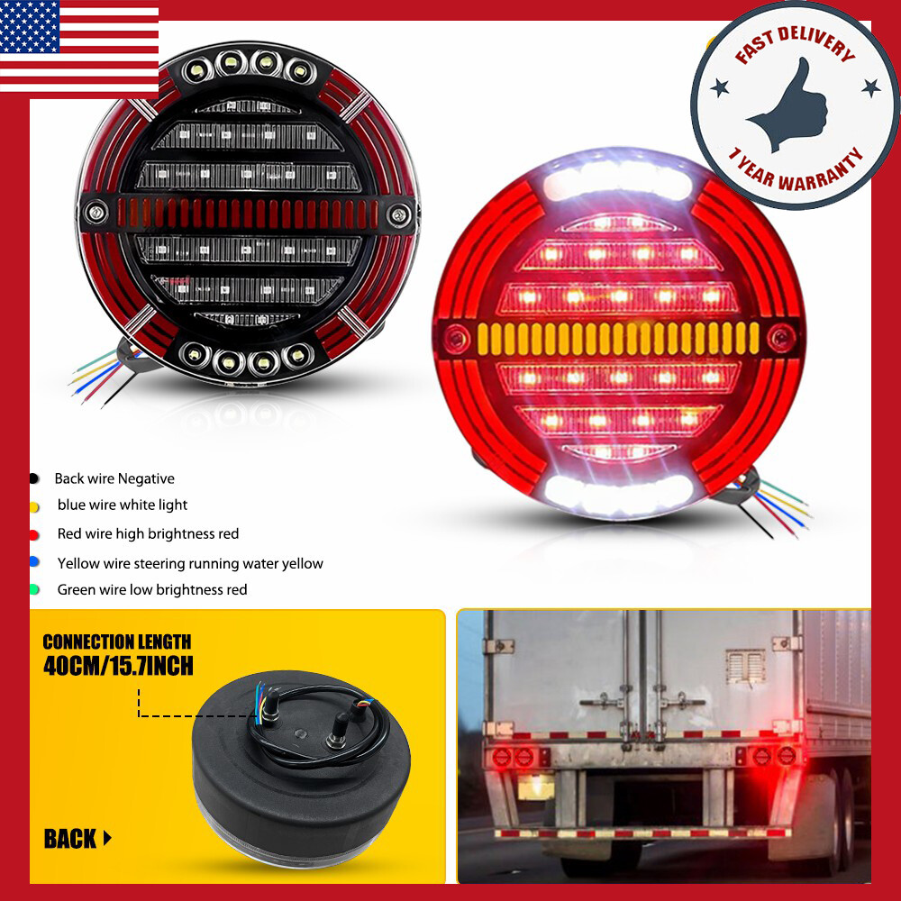 2-Pack 5.5 Inch Round LED Tail Lights for Trucks and Trailers - Red, Amber, and White Multi-Function Turn Signal, Brake, and Daytime Running Lights (DRL) - Durable and Bright LED Lamps for Enhanced Safety and Visibility.