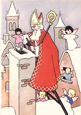 1950s BELGIUM Christmas Postcard Angels Watch St Nicolas Drop Toys Down Chimney