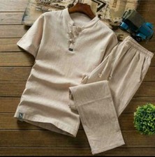 Men 2Pcs Set Linen Hemp Short Sleeve Solid Summer Short Comfort Tops Pants Suit
