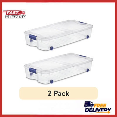 2 Pack Sterilite 66 Qt Latching Underbed Wheeled Storage Bin Clear Blue