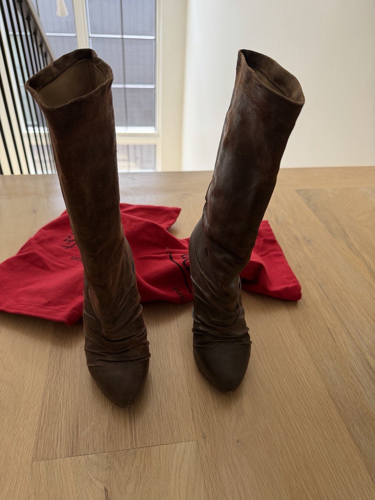 Christian Louboutin Brown Leather Mid-Calf Zip Boots Red Sole US 6