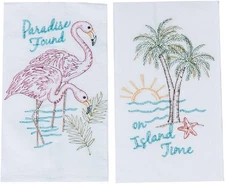 Paradise Found Flamingos On Island Time Palm Trees Kitchen Towels Set of 2