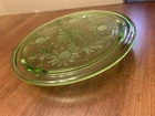 Jeanette Uranium Glass Sunflower Cake Plate Depression Green Daisy Footed 10”