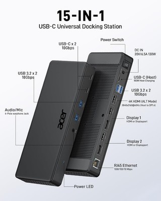 Acer ODK480 15-in-1 USB-C DisplayLink Docking Station Triple 4K HDMI DP 130W New