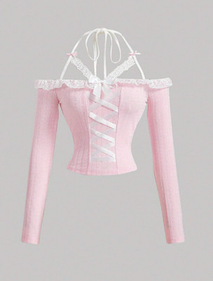 NEVER WORN NWT SHEIN Pink White Lace Long Sleeve Off Shoulder Top, Knitted Bow