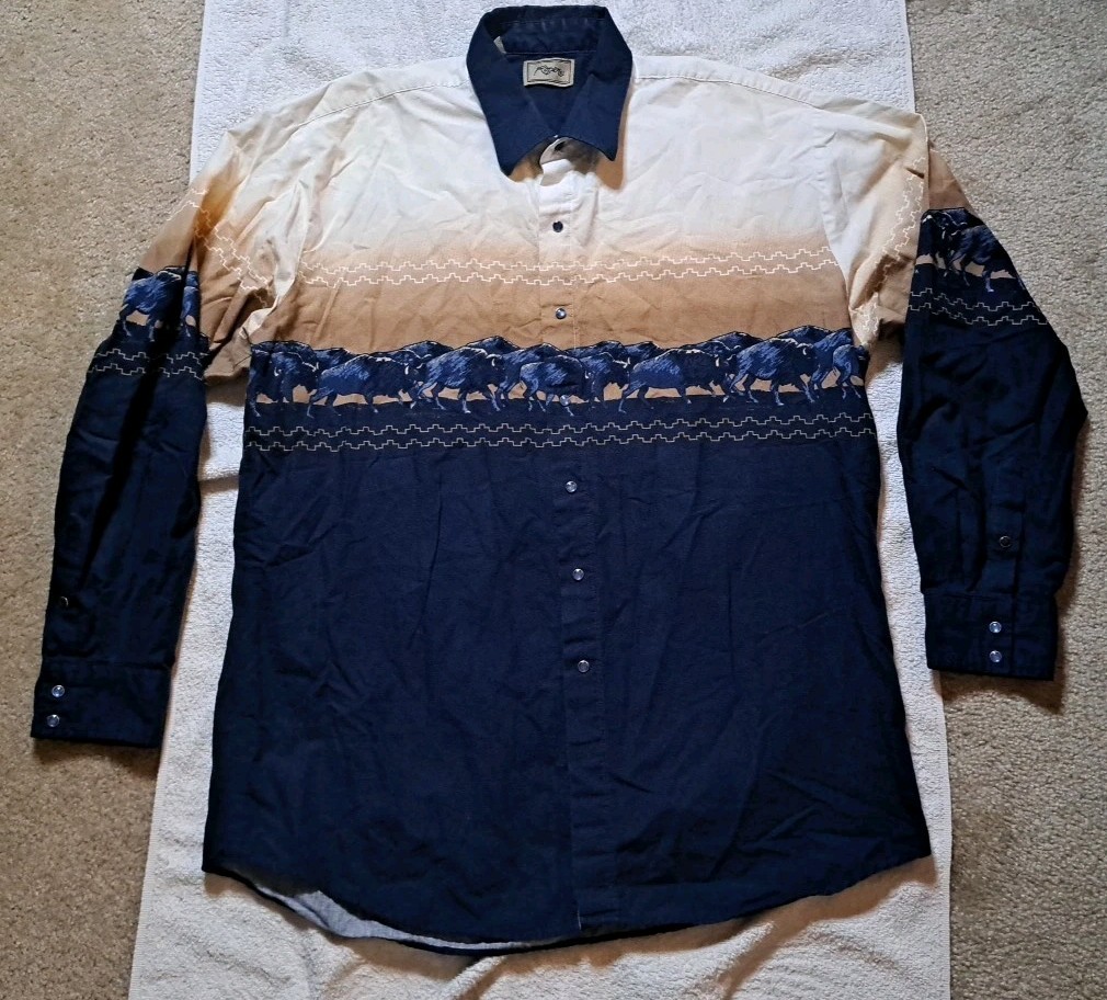 Roper Buffalo Pattern Snap Button Button Up Cowbo… - image 1