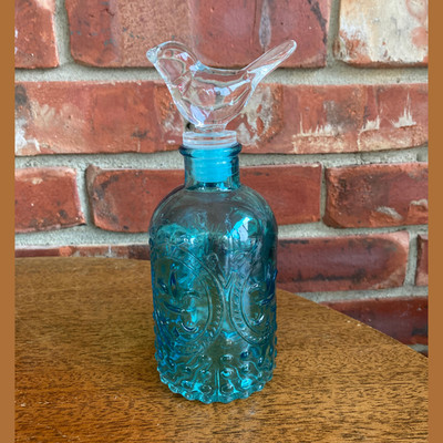 Pier One? 6  Transparent Blue Glass Bottle w/ Bird Hobnail Fleur-De-Lis Pristine