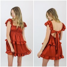 WeWoreWhat Flirty Ruffle Mini Dress Rust Orange Tiered Open Back Tie Size Large