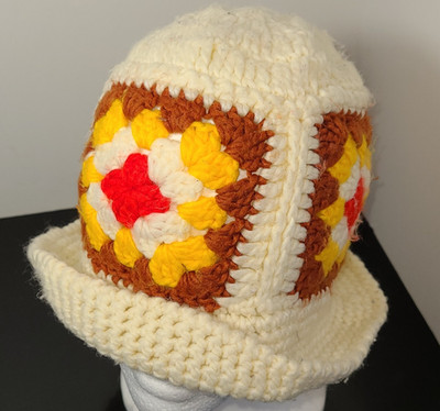 70s Boho Hippie Crochet Bucket Hat Granny Square Orange & Yellow Made in Taiwan