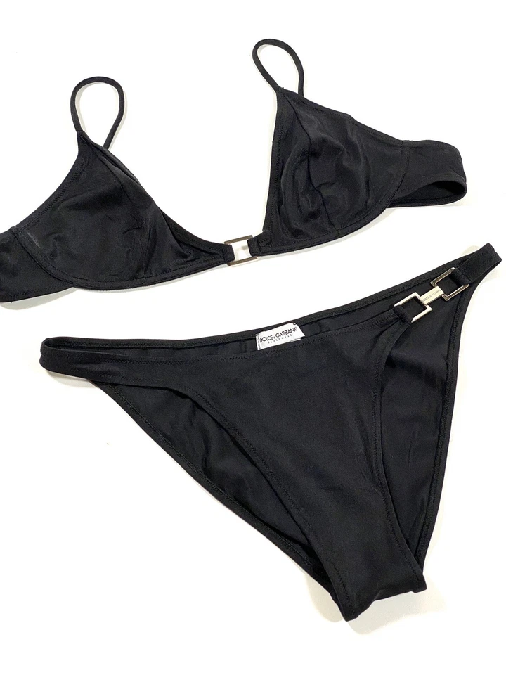 Vintage 90s y2k Dolce & Gabbana Swimsuit Black High Thigh Bikini 00s Metal M - Image 2 of 4