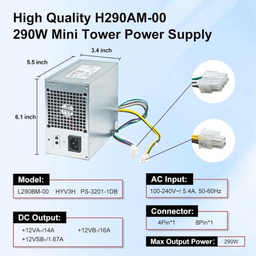 290W Power Supply Compatible with Dell Optiplex 3020 7020 9020/ Precision T1700 - Picture 6 of 8
