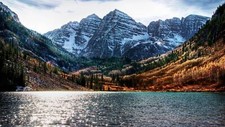 Landscape lake fall mountains pine trees snowy mountain Custom Gaming Mat Desk