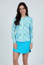 IBKUL Kathy Print Long Sleeve Crew Neck Top Turquoise/Lime Sz S UPF 50