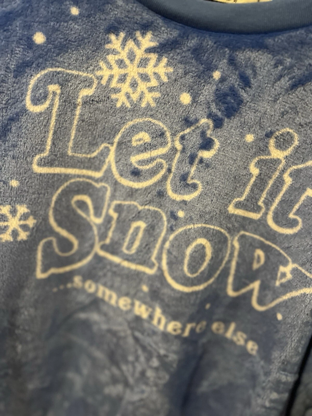 ugly christmas sweater womens medium Blue funny character “let It Snow Somewhere Else”