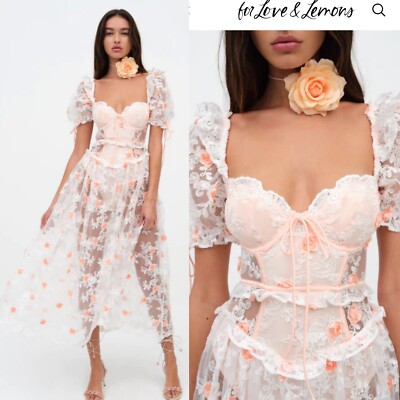 For Love and Lemons Tessa White Floral Appliqu Embroidered Midi Dress Sz M  $369 | eBay