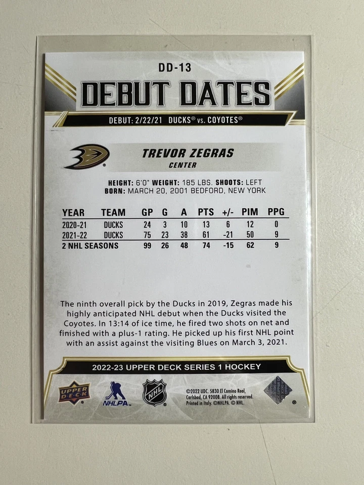 2022-23 Upper Deck Trevor Zegras Debut Dates Gold - Image 2 of 2