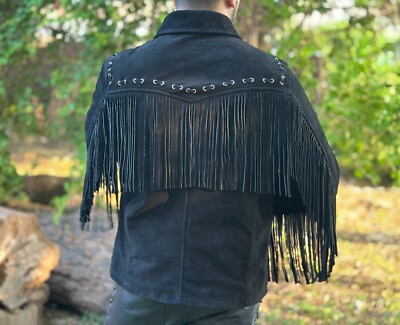 Men's Black Suede Leather Fringe Jacket Western Cowboy Fringed
