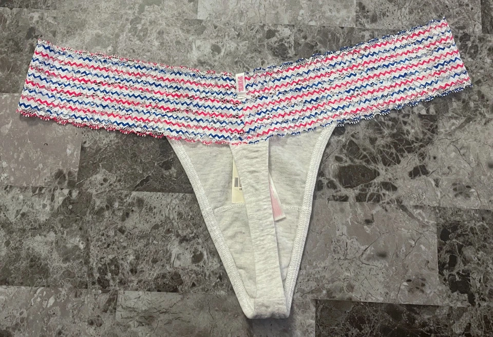 CALCINHA TANGA RARA NOVA COM ETIQUETAS VICTORIA'S SECRET ROSA L CINZA VERMELHO AZUL ZIGUEZAGUE FAIXA DE RENDA - Imagem 3 de 3