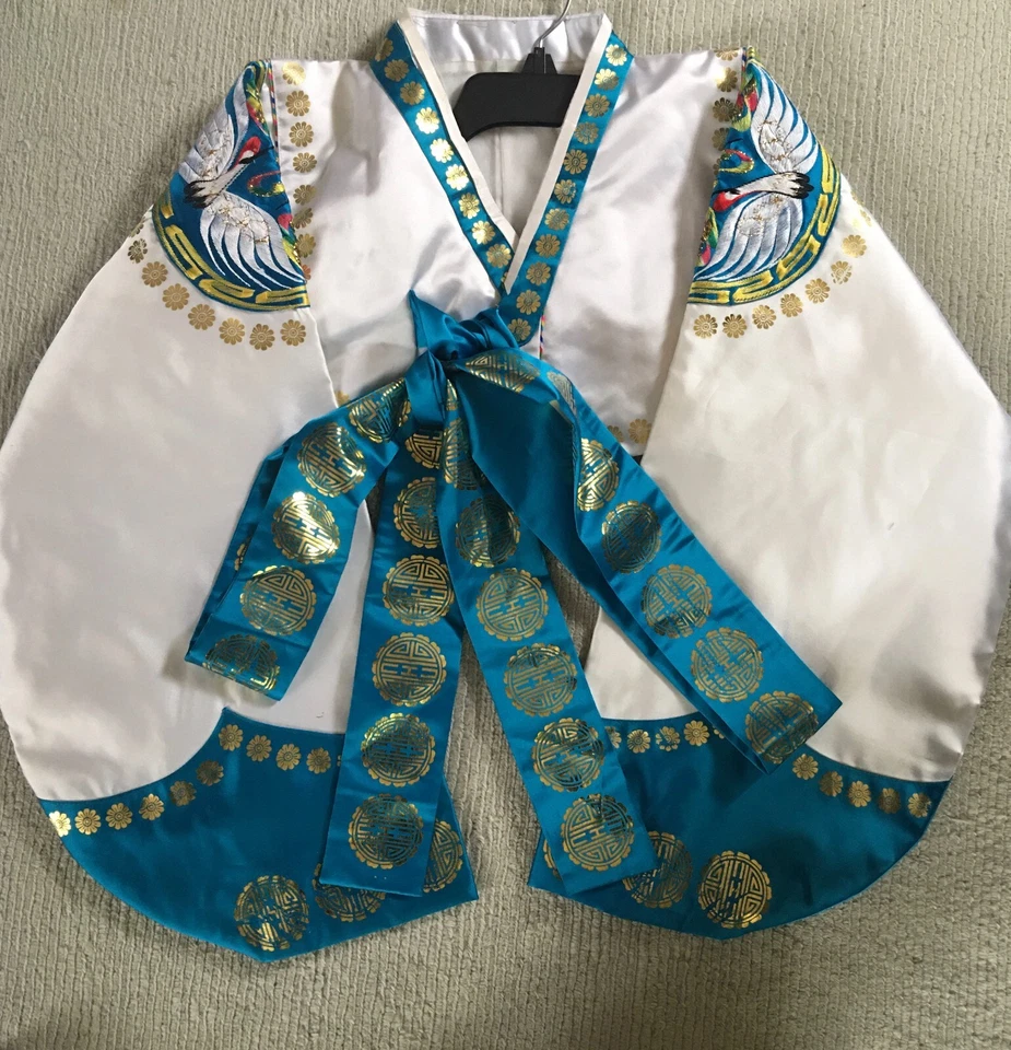 Top Hanbok bordado tradicional vintage de los años 80 blanco y azul Corea Foto 2 de 4