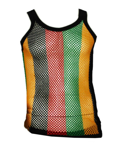 Men's Fitted Rasta Stripe 100% Cotton String Vest Mesh Fishnet Muscle Top Reggae - Photo 1 sur 1