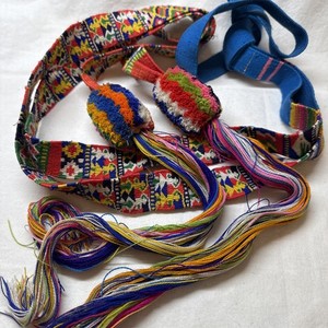 Vintage handwoven Cinta from Zunil, Guatemala with pom poms Approx 10ft