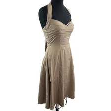 Le Chateau Tan/White Polka Dot Halter Dress Retro Pinup Girl Sweetheart Neck S