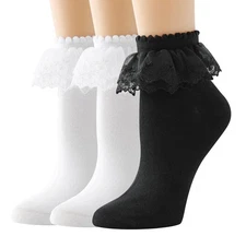 Lace Ruffle Frilly Ankle Socks for Women - Cotton Double Layer Lace Socks 3 P...