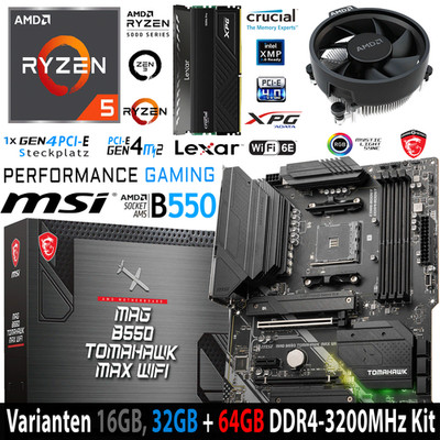PC Bundle AMD Ryzen 5 5600X Tray MSI B550 Tomahawk Max Wifi mit 16, 32+64GB DDR4