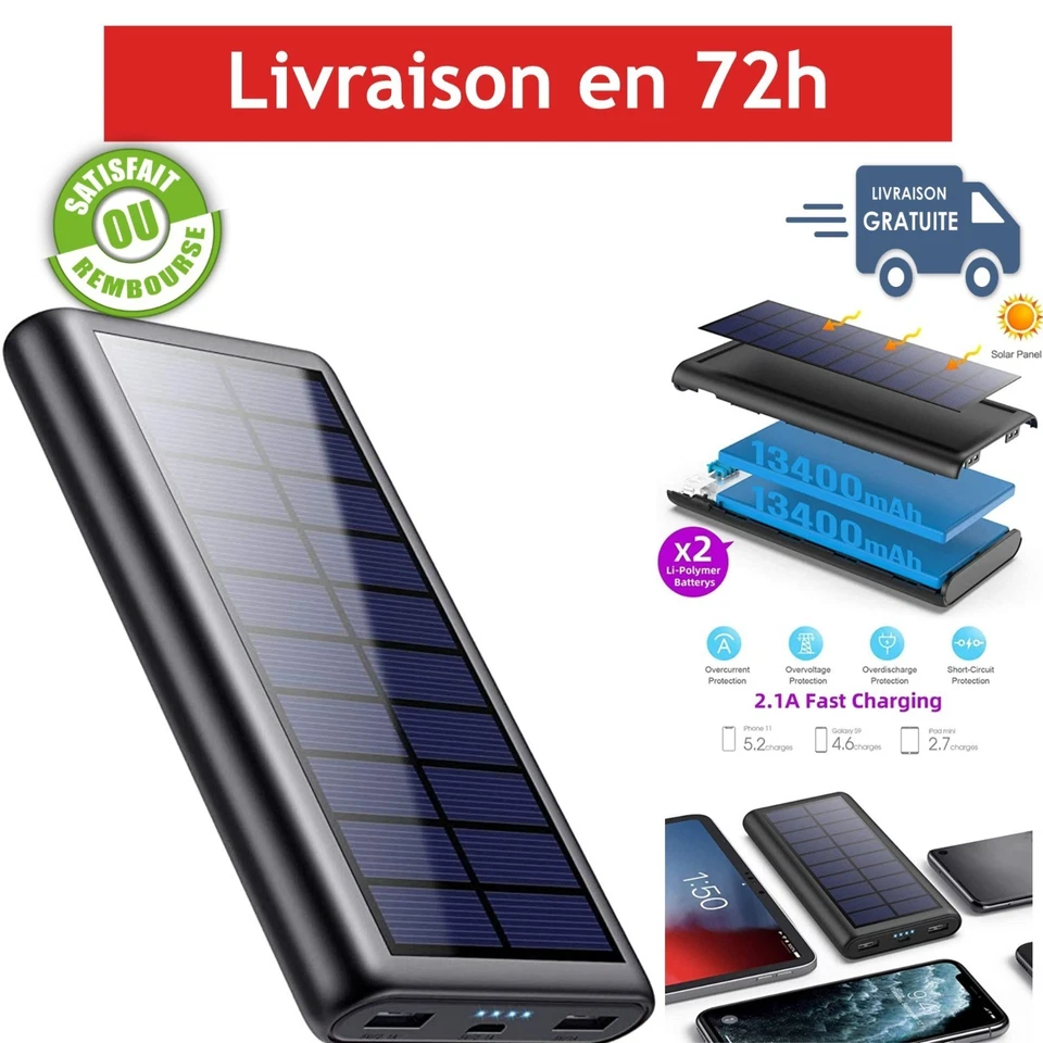 Batterie Externe Solaire 26800mAh Chargeur Portable USB-C - Photo 1/4