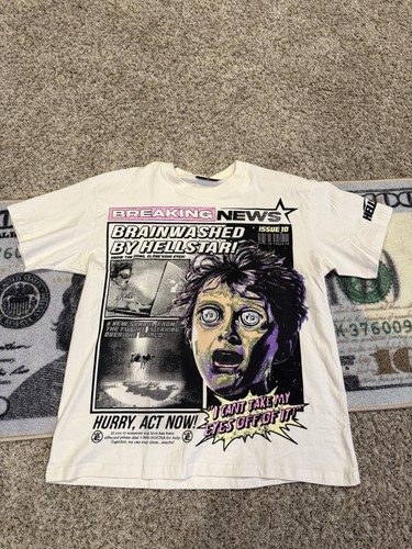 Hellstar Breaking News T-shirt White Size Large AUTHENTIC SCAN NFC Brainwashed