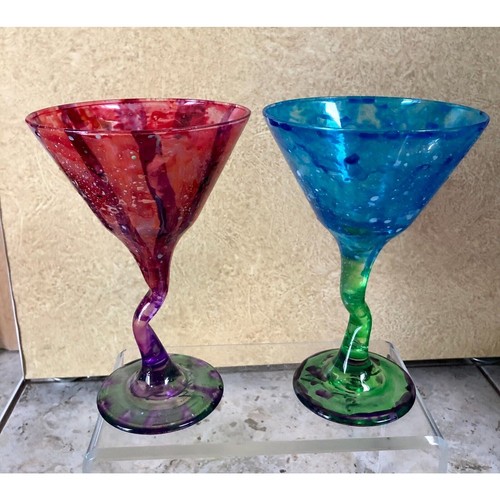 2 Vintage Z Stem Custom Hand Painted Glass Martini Glasses Libbey Watusi Zig Zag - Picture 2 of 5