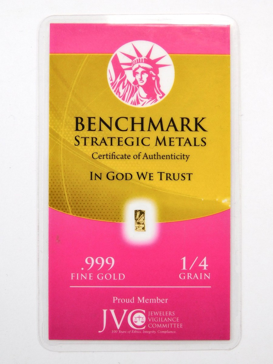Benchmark 24K Gold Bar 1/4 Grain .999 Fine In Assay Bullion Card