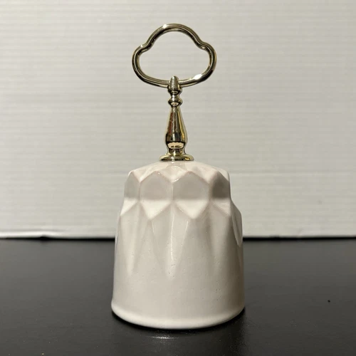 Frankoma Pottery 6-1/4" Tall White Handbell Bell Goldtone Handle Geometric VTG