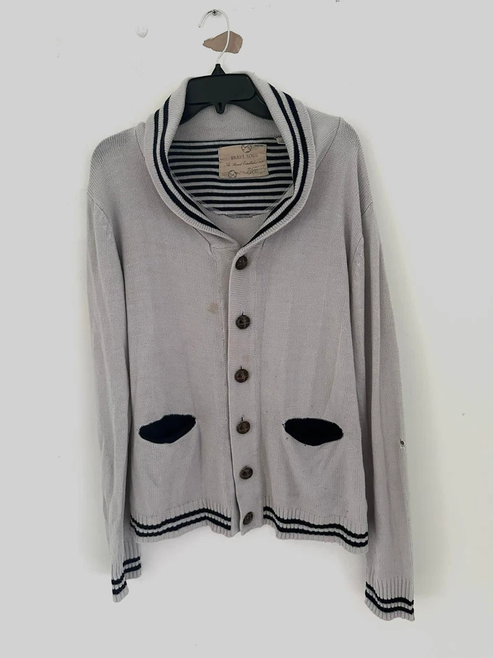 Cárdigan suéter gris negro a rayas con botones Brave Soul cuello chal en L para mujer Foto 2 de 4