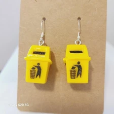 Handmade Yellow Trash Can Earrings Fun Quirky Unique Dangle Drop Earrings NWOT