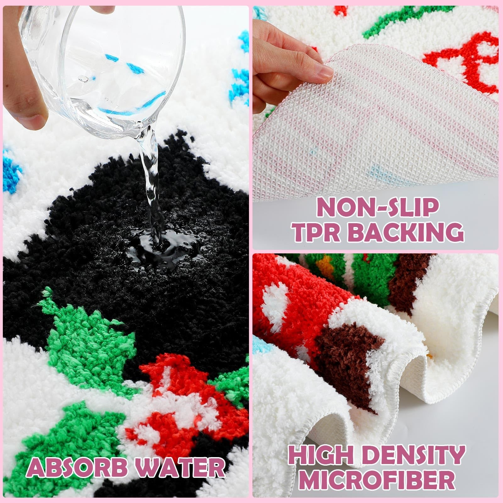 2 Pcs Christmas Bathroom Mat Set Soft Plush Pink Christmas Tree Bath Rugs Non...
