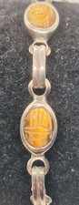 Vintage Belle Sterling Silver Carved Gemstone Scarab Beetle Link Bracelet Signed
