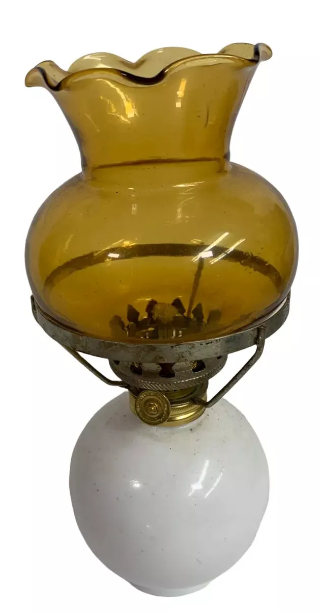 Vintage Mini Oil Lamp with Chimney Porcelain base and Amber Glass Chimney 9